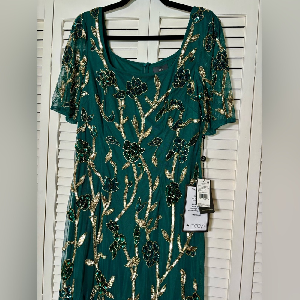 NWT Adrianna Papell Beaded Embellished Green & Gold Mesh Sequin Maxi Dress 10 - Picture 4 of 7